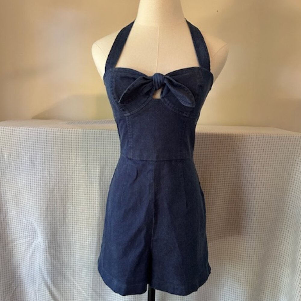 Y2K Betsey Johnson Denim Halter Playsuit Overall Shorts